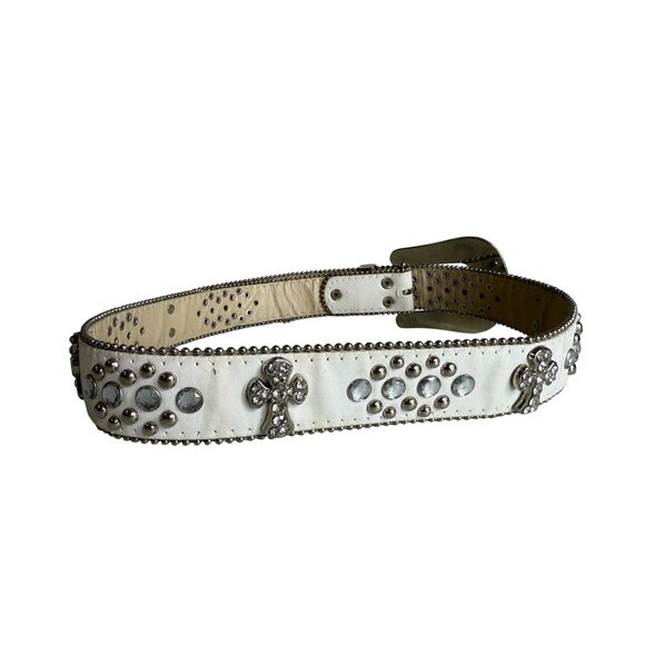 Y2K Grunge Rhinestone Cross Crystal White Leather Stud Snap On Buckle Belt M/L - Picture 3 of 5